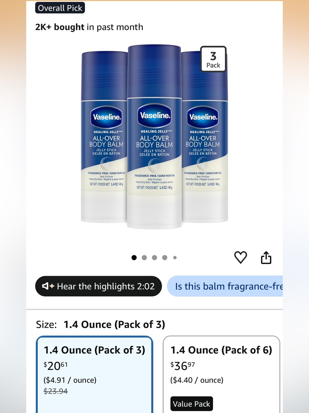 Vaseline All-Over Body Balm Jelly Stick - Fragrance-Free (Blue) - Pack of 3